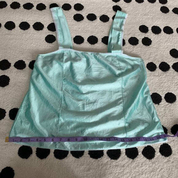Vintage 90s Teal Satin Lace Trim Square Neck Camisole Boho Chic Crop Tank Top - Picture 12 of 16